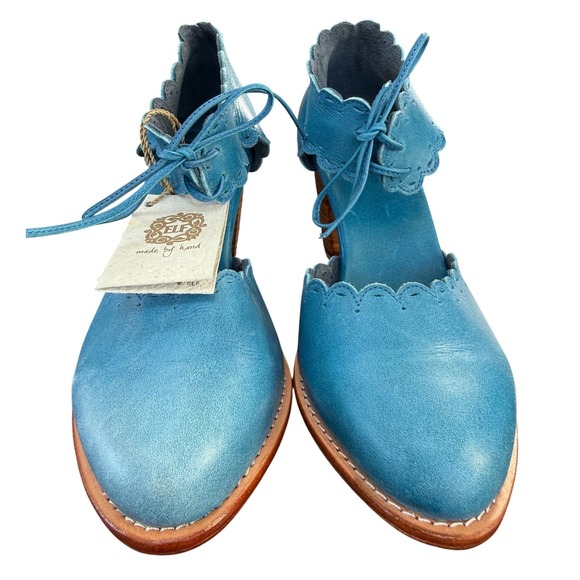 ELF Bali Leather Dancing Queen Scalloped Block Heels Size 8 Teal  Handmade NEW - Picture 2 of 8